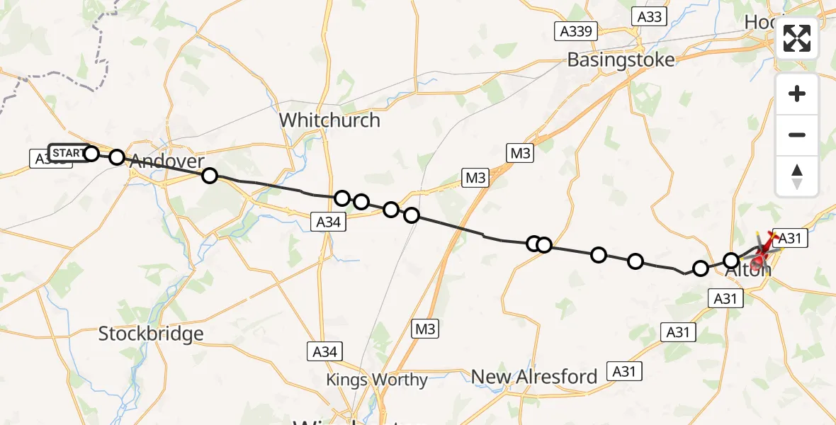 Flight path map showing Air Ambulance Helicopter route from Thruxton to Alton