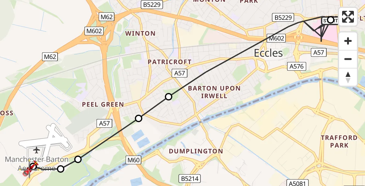 Flight path map showing Air Ambulance Helicopter route from Eccles to Manchester Barton Aerodrome