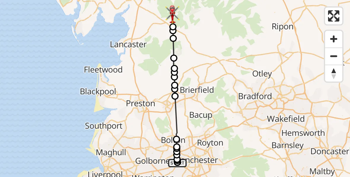 Flight path map showing Air Ambulance Helicopter route from Manchester Barton Aerodrome to Ingleton