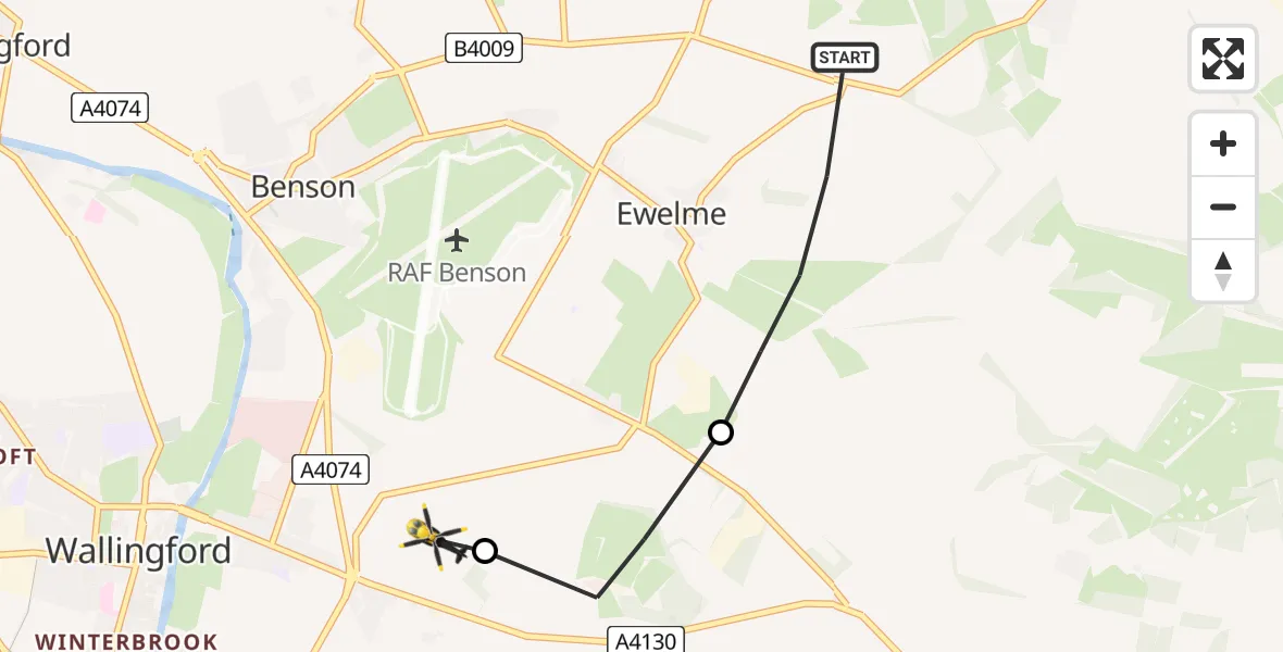 Flight path map showing Police Helicopter route from Ewelme to Crowmarsh Gifford