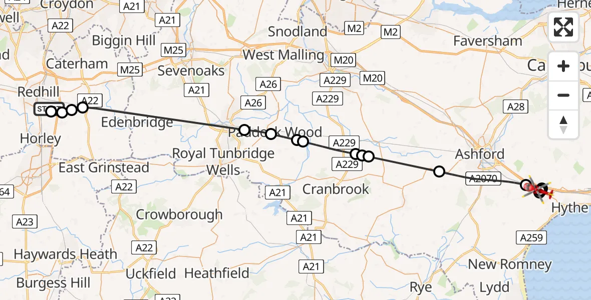Flight path map showing Air Ambulance Helicopter route from Redhill Aerodrome to Sellindge