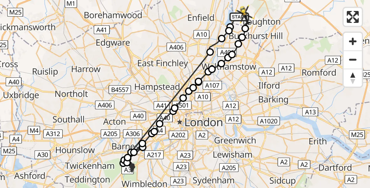 Flight path map showing Police Helicopter route from Sewardstonebury to Metropolitan Police Air Support Unit Lippitts Hill