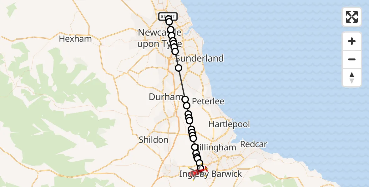 Flight path map showing Air Ambulance Helicopter route from Camperdown to Egglescliffe