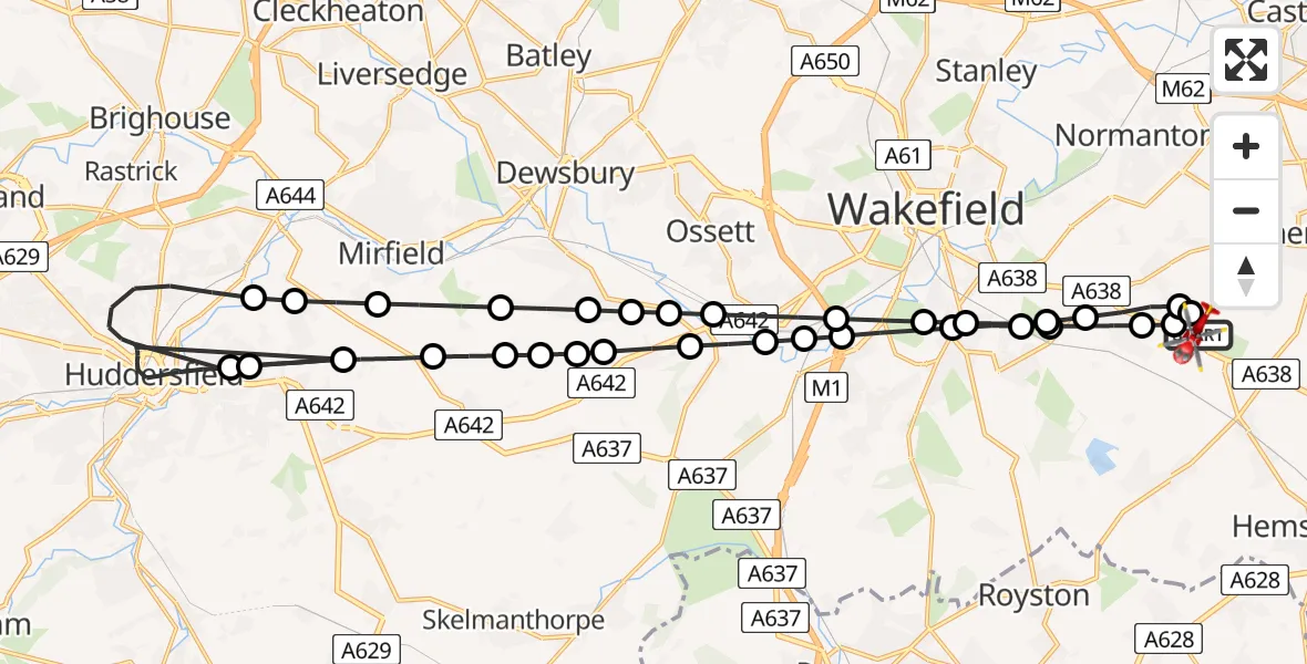 Flight path map showing Air Ambulance Helicopter route from YAA Nostell Helicopter Port to YAA Nostell Helicopter Port