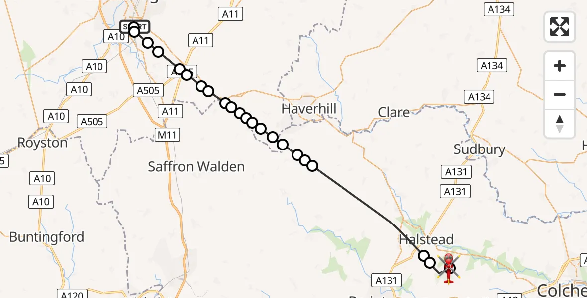 Flight path map showing Air Ambulance Helicopter route from Papworth Hospital to Earls Colne Airfield