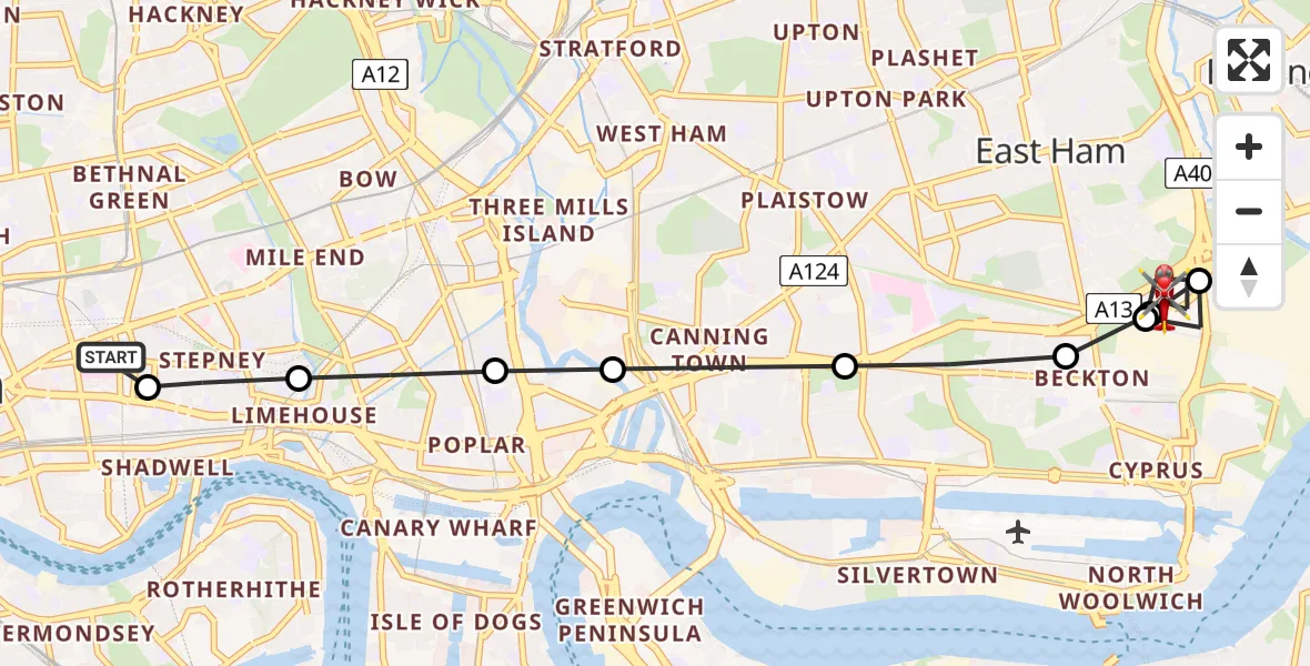 Flight path map showing Air Ambulance Helicopter route from Royal London Hospital to East Ham