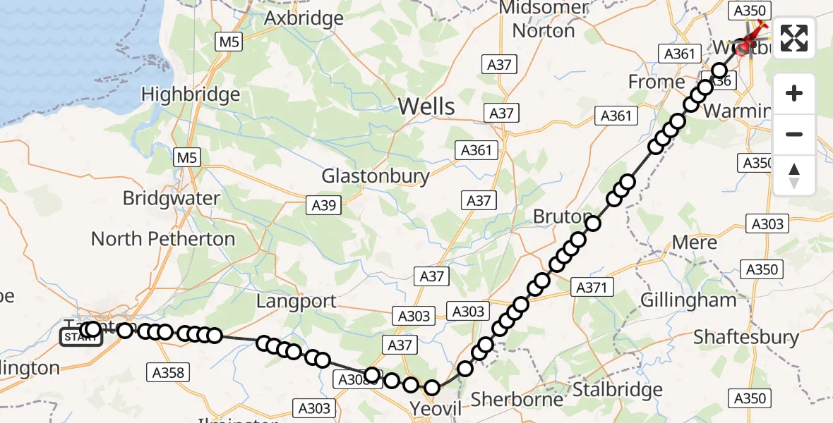 Flight path map showing Air Ambulance Helicopter route from Taunton to Westbury