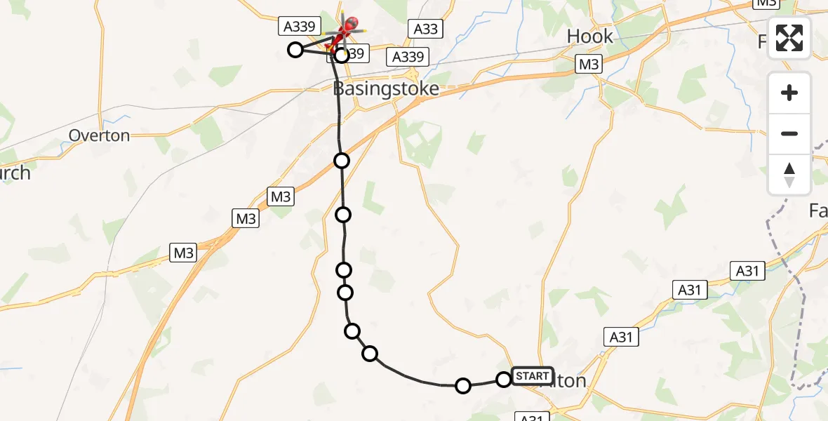 Flight path map showing Air Ambulance Helicopter route from Alton to Basingstoke