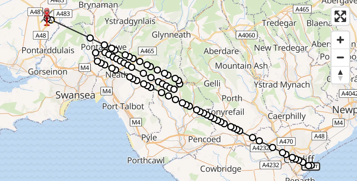 Flight path map showing Air Ambulance Helicopter route from Cardiff Heliport to Capel Hendre