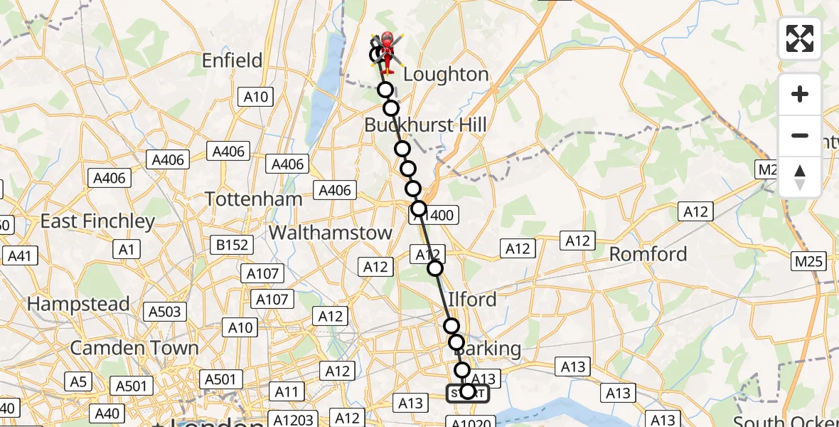 Flight path map showing Air Ambulance Helicopter route from Beckton to Metropolitan Police Air Support Unit Lippitts Hill