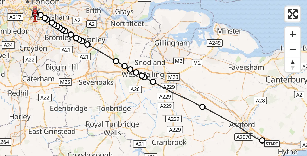 Flight path map showing Air Ambulance Helicopter route from Sellindge to Kings College London Hospital