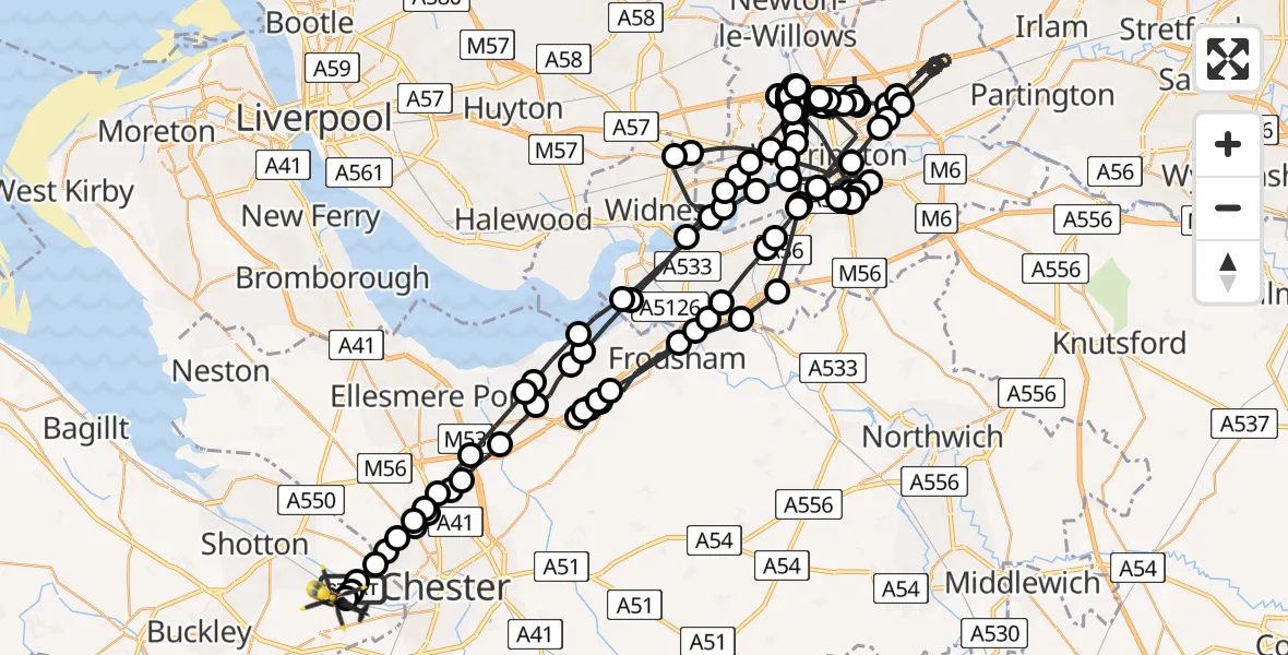 Flight path map showing Police Helicopter route from Saltney Ferry to Hawarden Airport