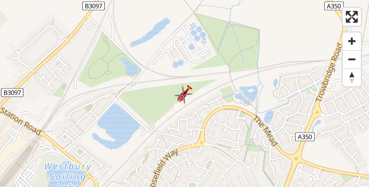 Flight path map showing Air Ambulance Helicopter route from Westbury to Westbury
