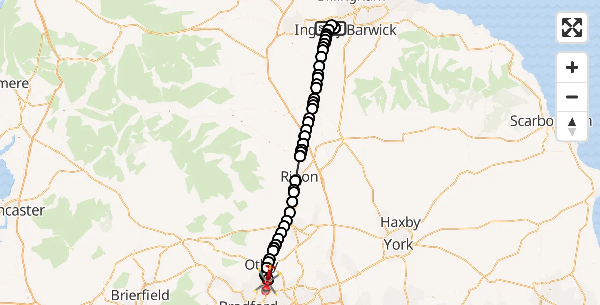 Flight path map showing Air Ambulance Helicopter route from Egglescliffe to Leeds Bradford Airport