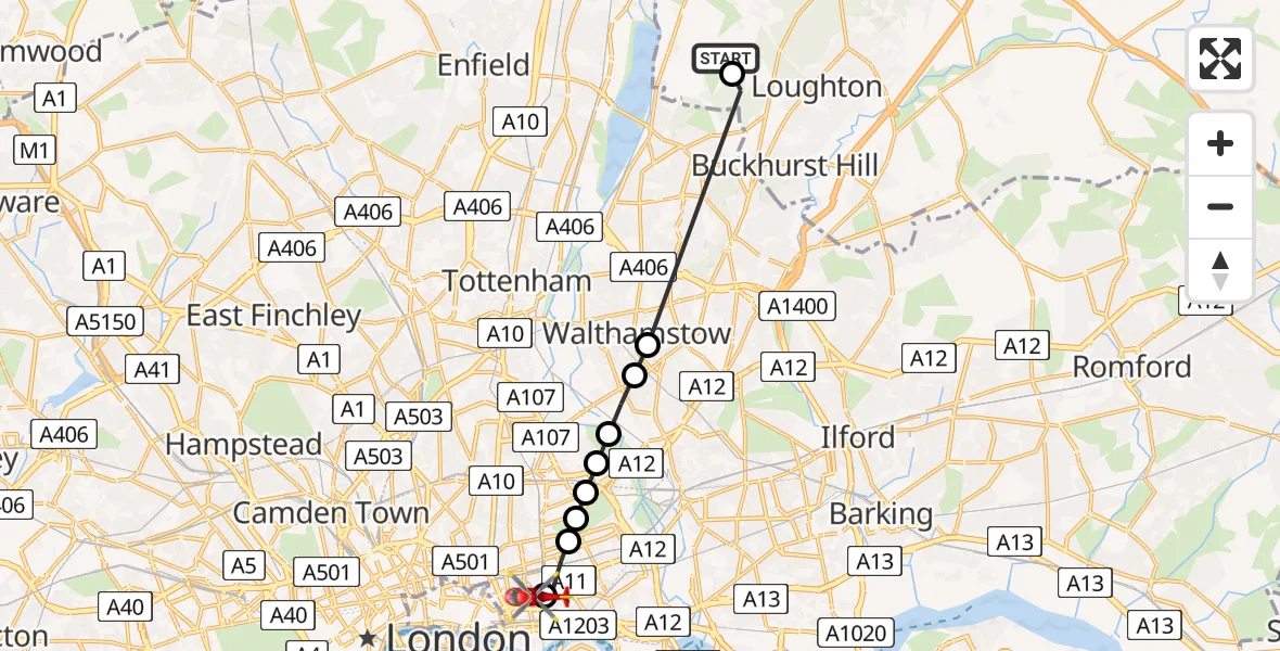 Flight path map showing Air Ambulance Helicopter route from Metropolitan Police Air Support Unit Lippitts Hill to Royal London Hospital