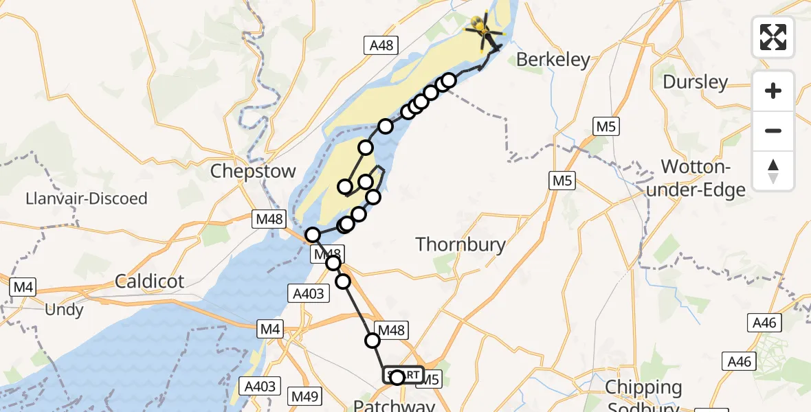 Flight path map showing Police Helicopter route from Almondsbury Helicopter Base to Lydney