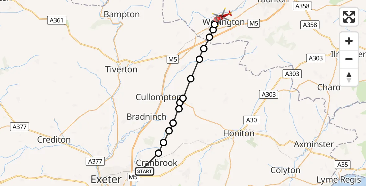Flight path map showing Air Ambulance Helicopter route from Clyst Honiton to Wellington