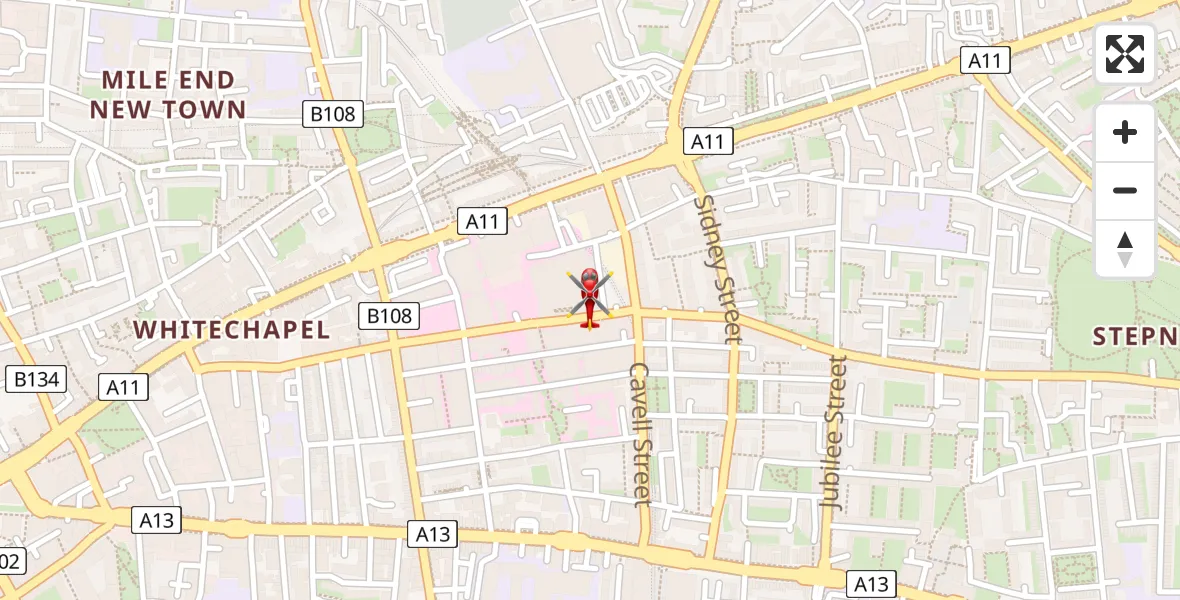 Flight path map showing Air Ambulance Helicopter route from Royal London Hospital to Royal London Hospital