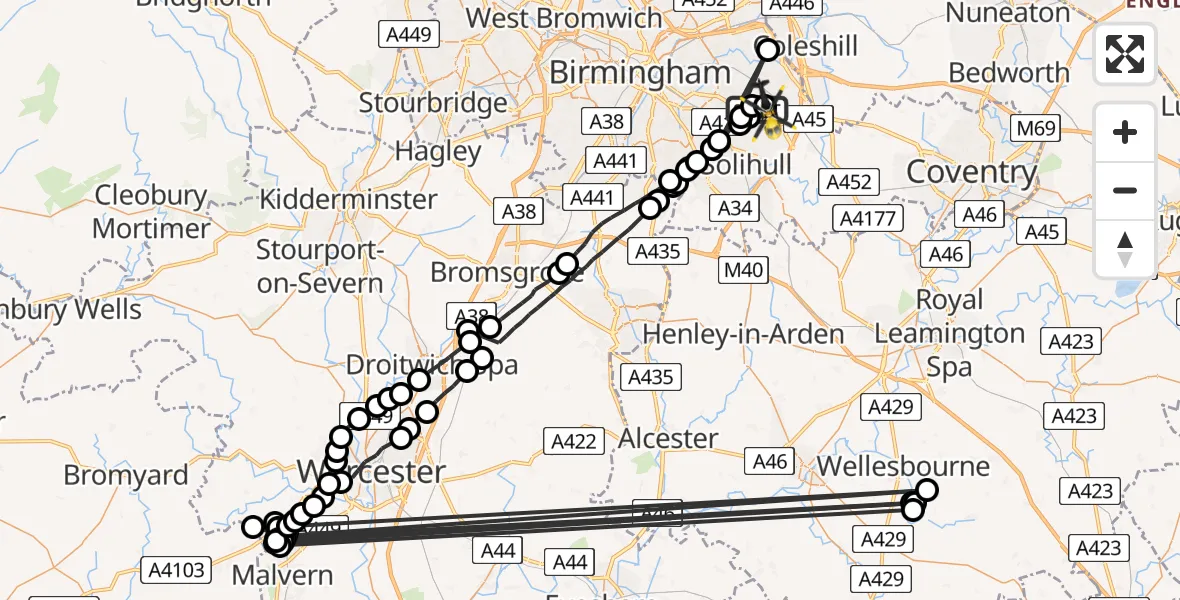 Flight path map showing Police Helicopter route from Birmingham Airport to Birmingham Airport