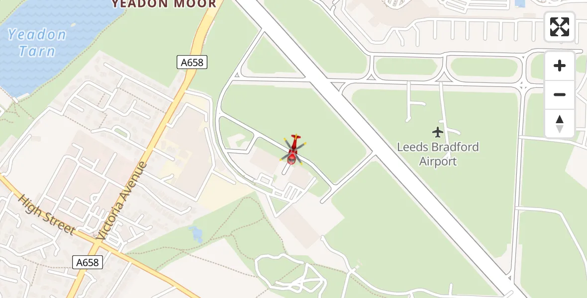 Flight path map showing Air Ambulance Helicopter route from Leeds Bradford Airport to Leeds Bradford Airport