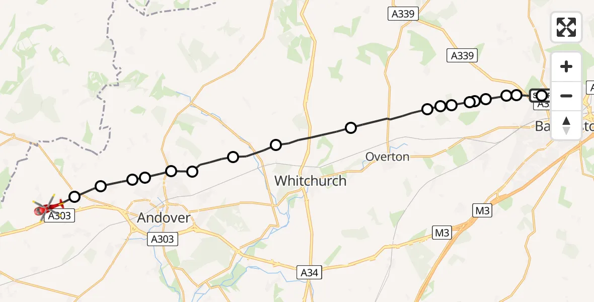 Flight path map showing Air Ambulance Helicopter route from North Hampshire Hospital to Fyfield