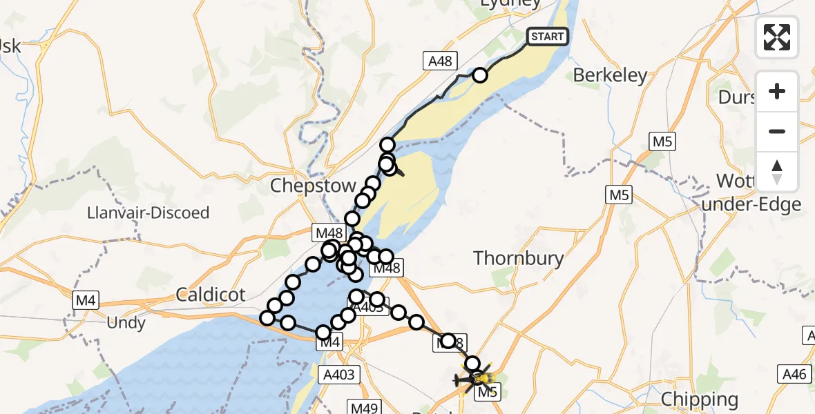 Flight path map showing Police Helicopter route from Lydney to Almondsbury Helicopter Base