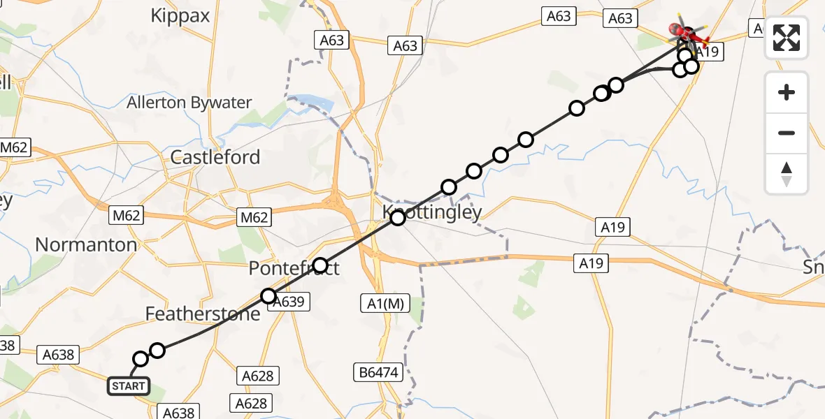 Flight path map showing Air Ambulance Helicopter route from YAA Nostell Helicopter Port to Burn