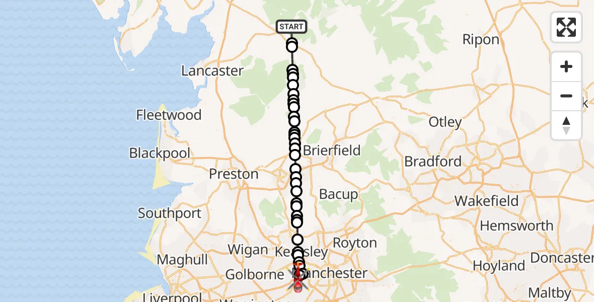 Flight path map showing Air Ambulance Helicopter route from Ingleton to Irlam