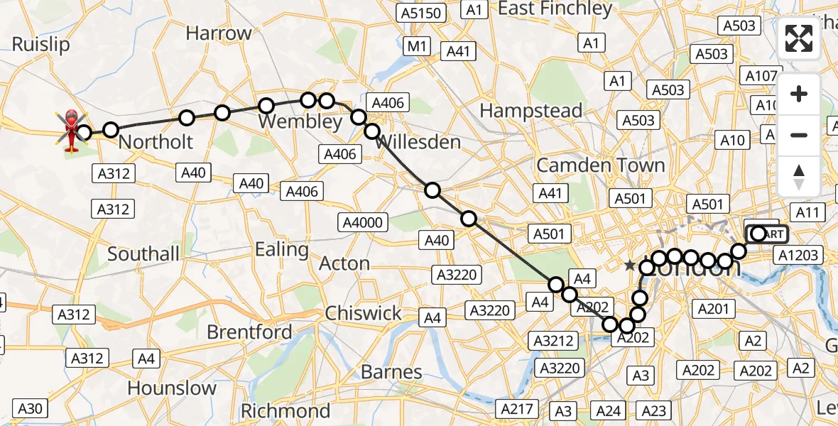 Flight path map showing Air Ambulance Helicopter route from Royal London Hospital to RAF Northolt