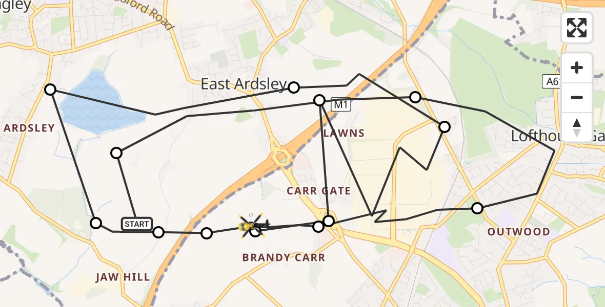 Flight path map showing Police Helicopter route from East Ardsley to Wrenthorpe