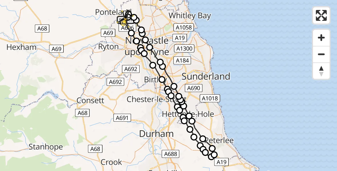 Flight path map showing Police Helicopter route from Newcastle International Airport to Newcastle International Airport