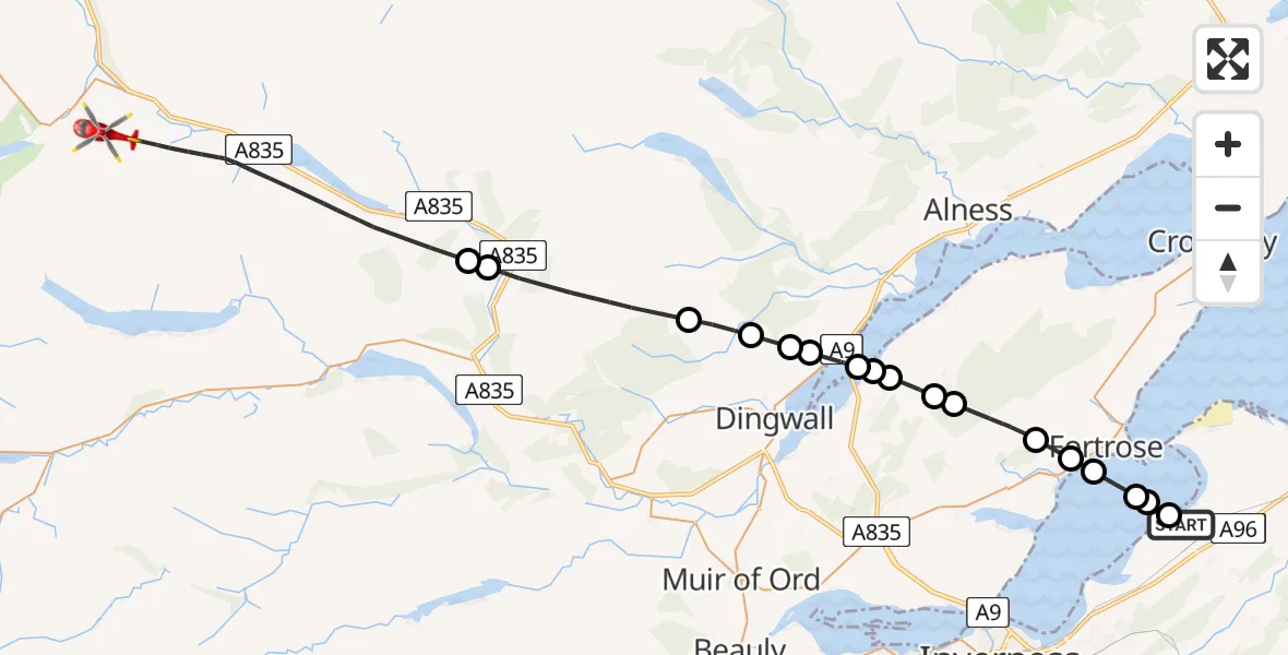 Flight path map showing Air Ambulance Helicopter route from Dalcross Heliport to Highland