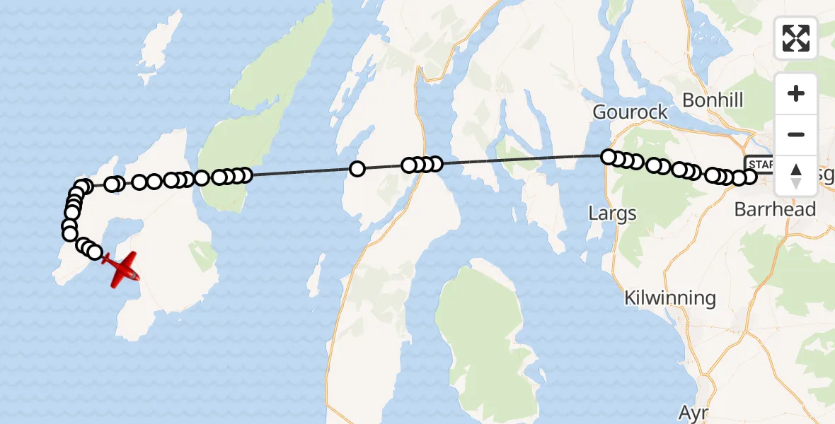 Flight path map showing Air Ambulance Aircraft route from Glasgow Airport to Inner Seas