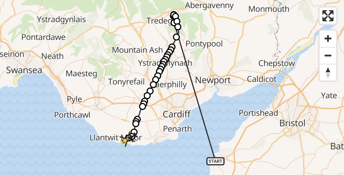 Flight path map showing Police Helicopter route from Weston-super-Mare to MOD St Athan