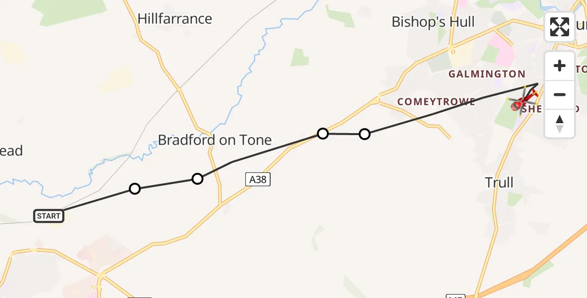 Flight path map showing Air Ambulance Helicopter route from Wellington to Taunton