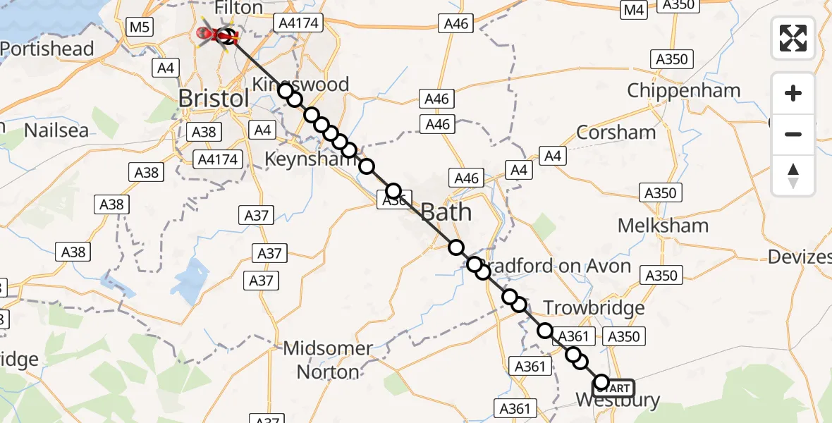 Flight path map showing Air Ambulance Helicopter route from Westbury to Bristol