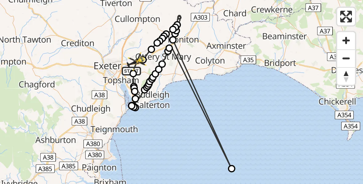 Flight path map showing Police Helicopter route from Clyst Honiton to Exeter International Airport