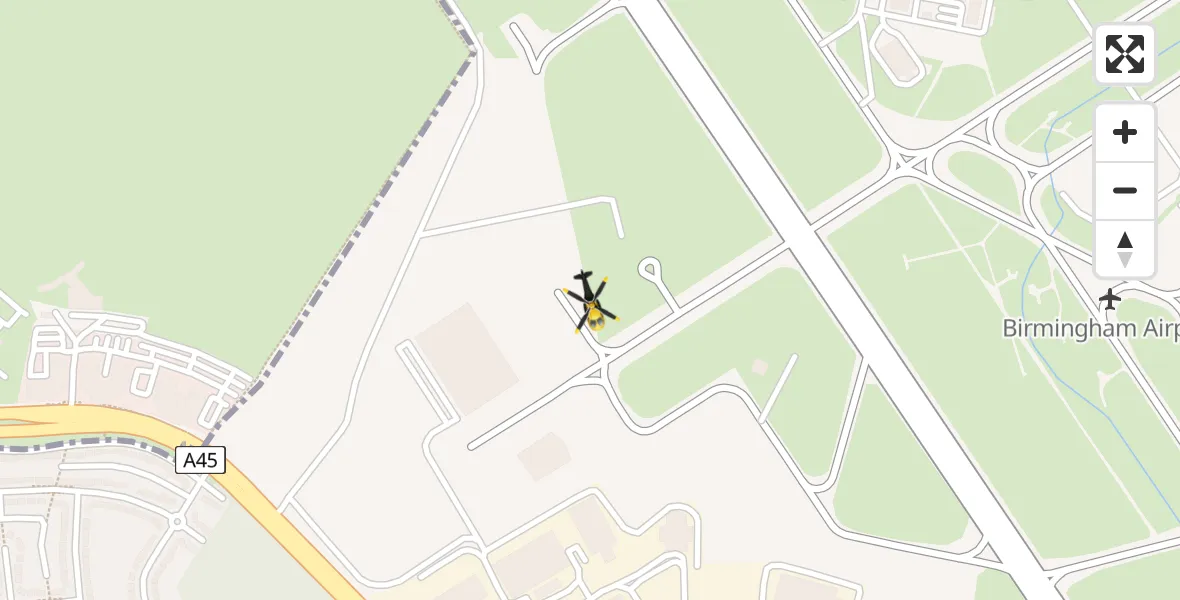 Flight path map showing Police Helicopter route from Birmingham Airport to Birmingham Airport