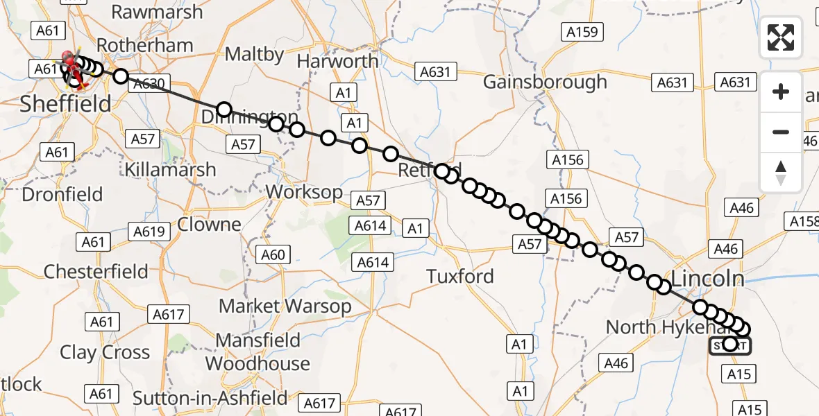 Flight path map showing Air Ambulance Helicopter route from RAF Waddington to Sheffield Northern Hospital