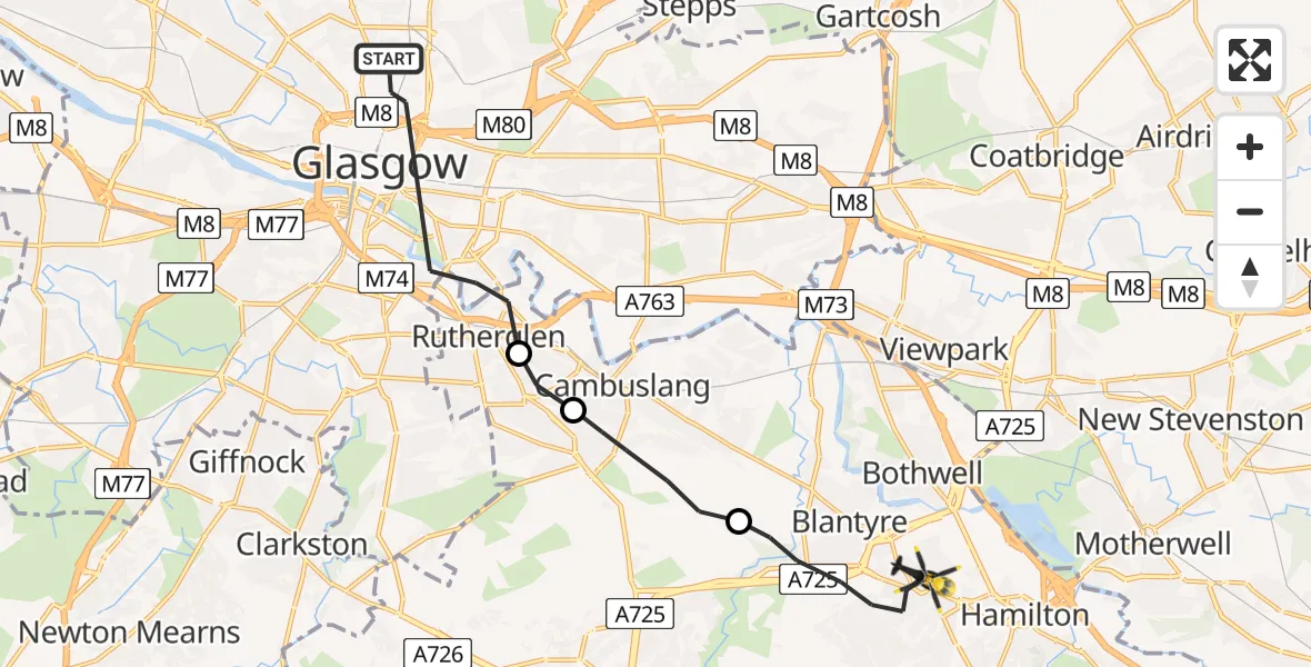 Flight path map showing Police Helicopter route from Glasgow to Bothwell