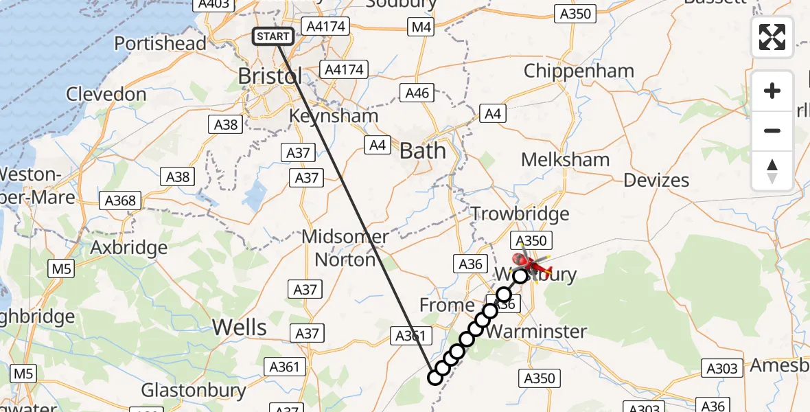Flight path map showing Air Ambulance Helicopter route from Southmead Hospital to Westbury
