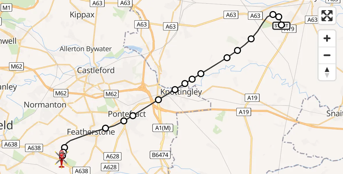 Flight path map showing Air Ambulance Helicopter route from Brayton to YAA Nostell Helicopter Port