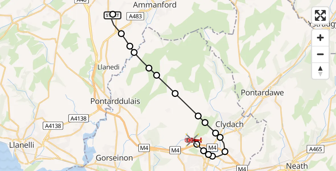 Flight path map showing Air Ambulance Helicopter route from Ammanford to Morriston Hospital Helipad