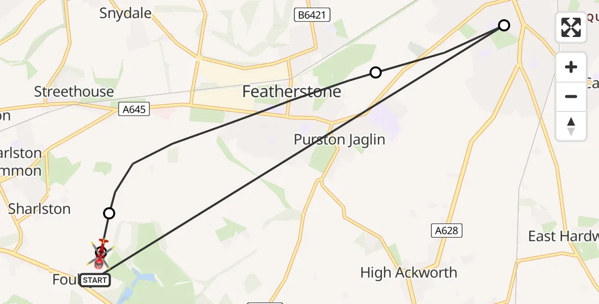Flight path map showing Air Ambulance Helicopter route from YAA Nostell Helicopter Port to YAA Nostell Helicopter Port