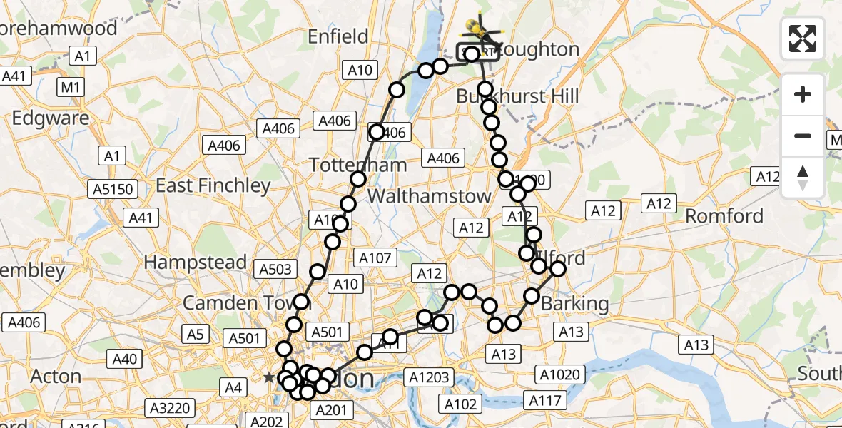 Flight path map showing Police Helicopter route from Sewardstonebury to Sewardstonebury