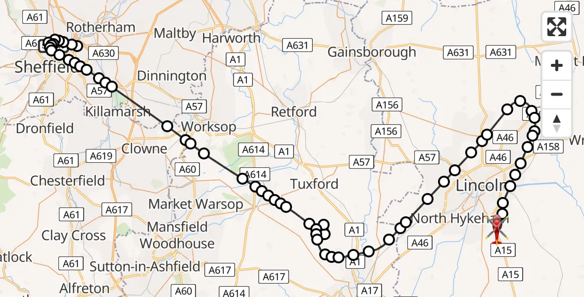 Flight path map showing Air Ambulance Helicopter route from Sheffield Northern Hospital to North Kesteven