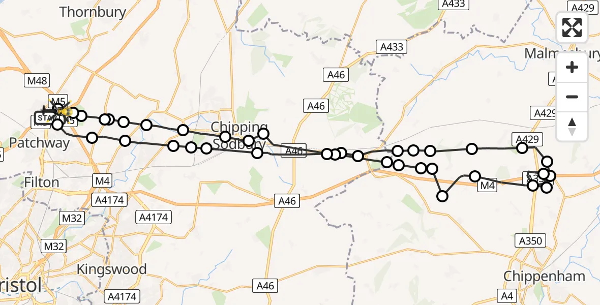 Flight path map showing Police Helicopter route from Almondsbury Helicopter Base to Almondsbury Helicopter Base