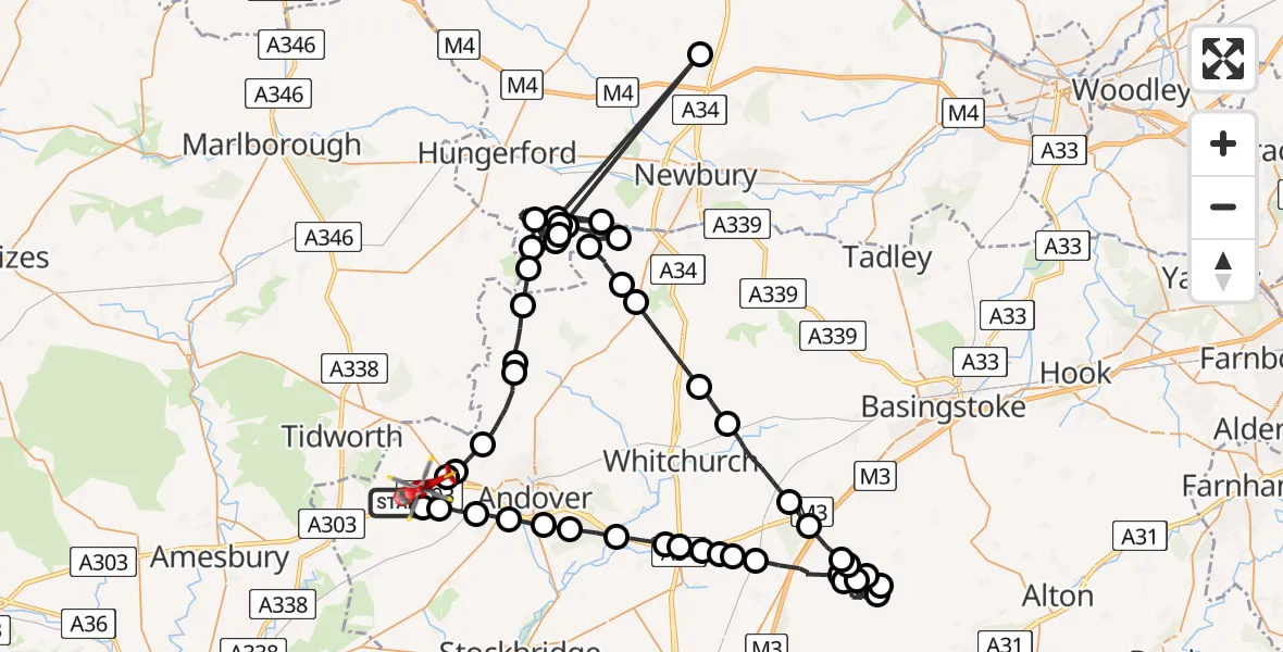 Flight path map showing Air Ambulance Helicopter route from Thruxton Aerodrome to Fyfield