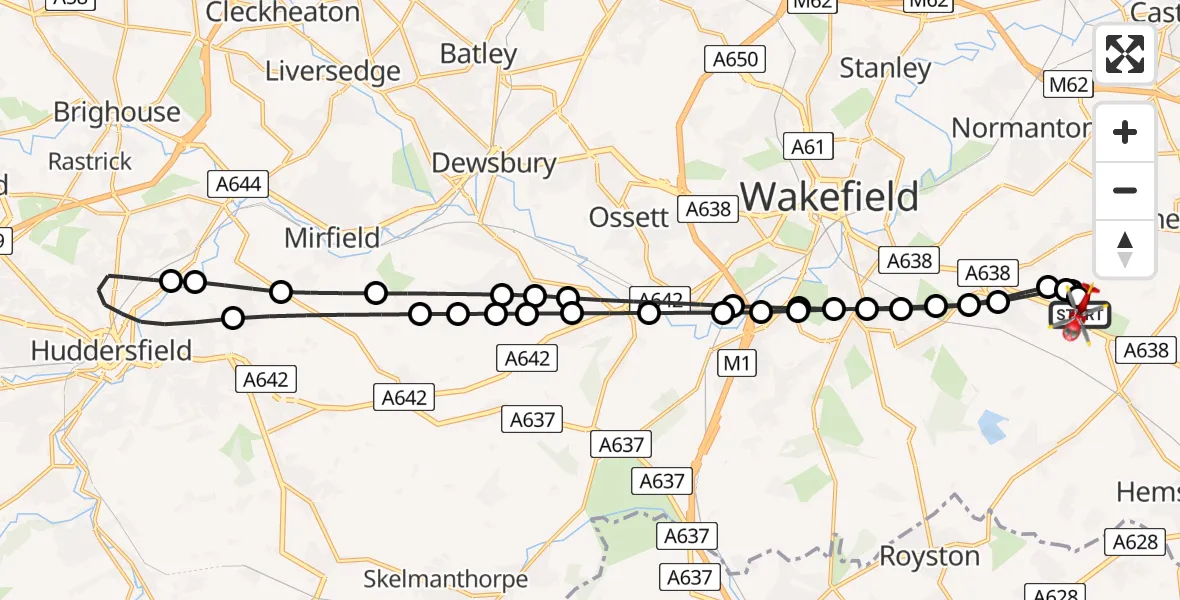 Flight path map showing Air Ambulance Helicopter route from YAA Nostell Helicopter Port to YAA Nostell Helicopter Port