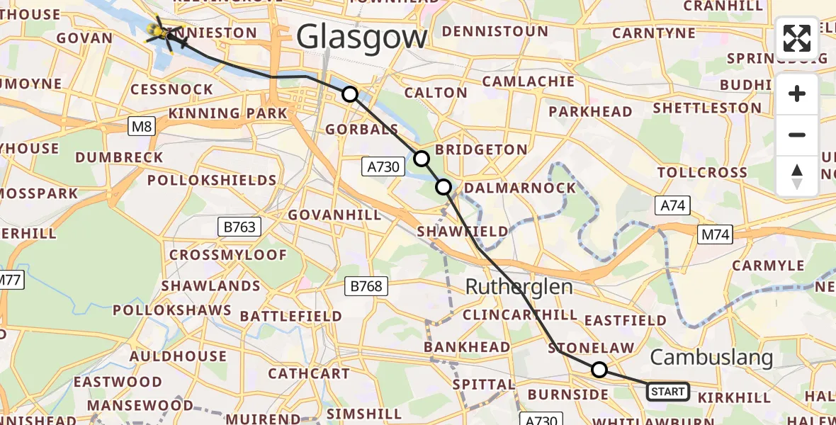 Flight path map showing Police Helicopter route from Cambuslang to Glasgow City Heliport